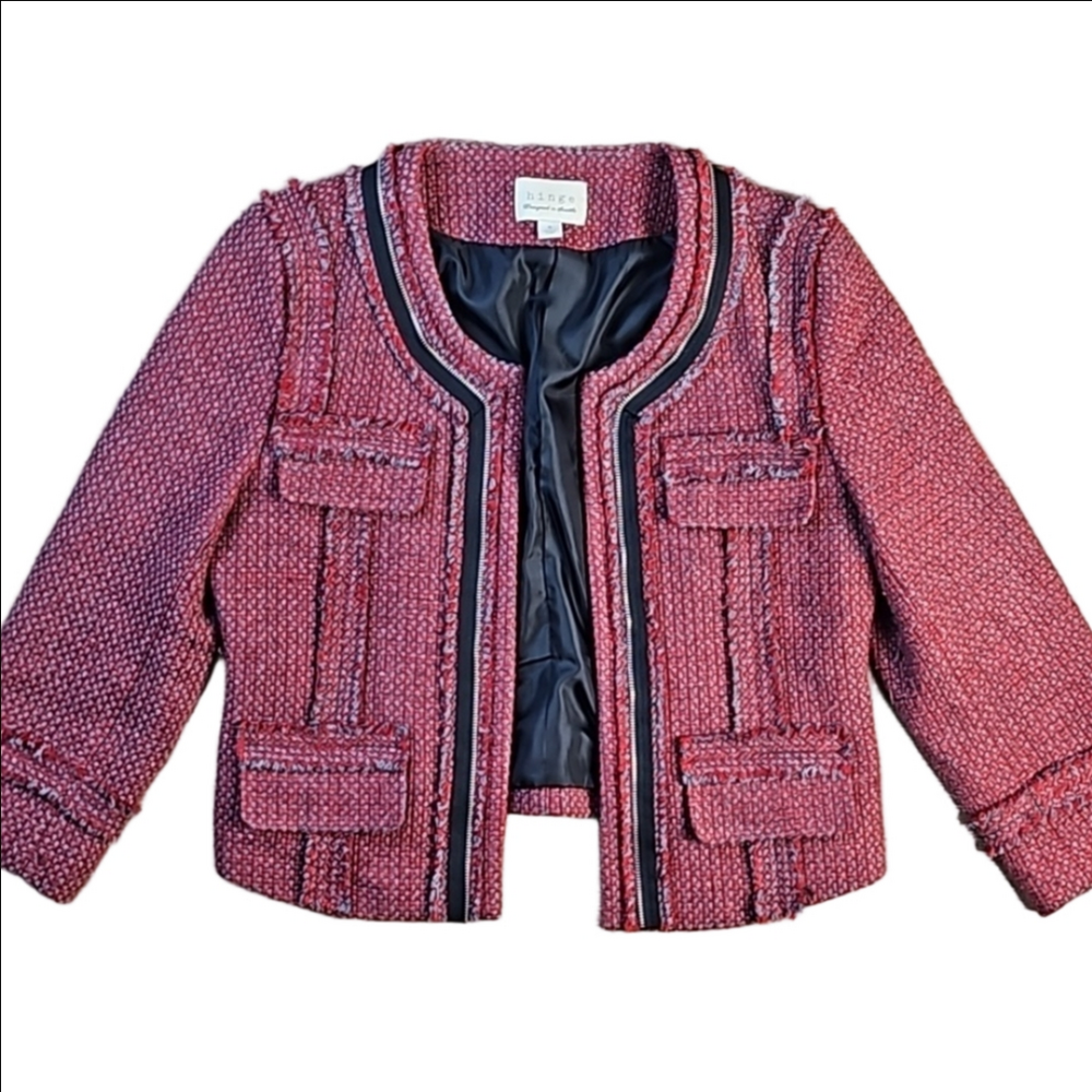 Hinge Wool Blend Red & Grey Tweed Open Front Raw Edge Zipper Detail Jack…